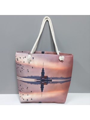 Galata Kulesi Desenli Plaj Çantası-Lila