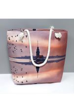 Galata Kulesi Desenli Plaj Çantası-Lila - Görsel 4