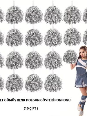 10 Çift ( 20 Adet ) Gümüş Renk 23 Nisan 19 Mayıs 29 Ekim Okul Gösteri Ponponları