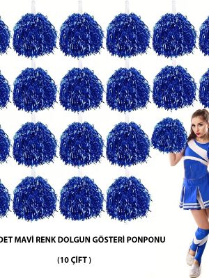 10 Çift ( 20 Adet ) Mavi Renk 23 Nisan 19 Mayıs 29 Ekim Okul Gösteri Ponponları