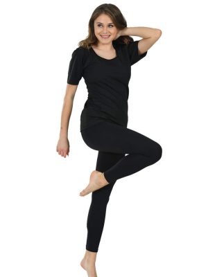 Siyah Kadın Yarım Kollu Termal Sauna Atlet Tayt Takım - 746 - Beden 3XL