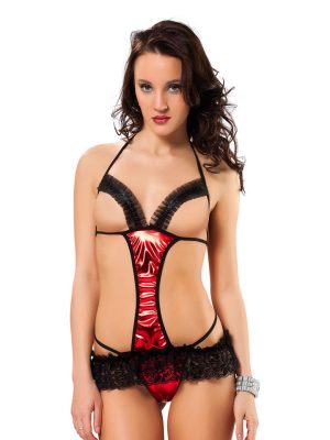 Siyah Kırmızı Deri ( Lame ) Gecelik - 469 - Beden Standart