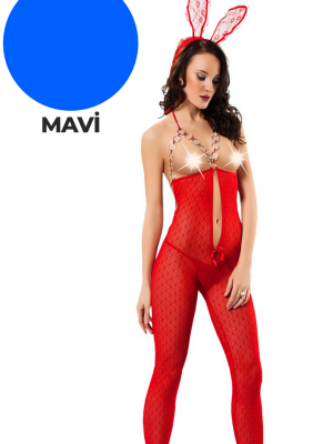 Mavi Zincirli Dantel Vücut Çorabı - 1009 - Beden Standart