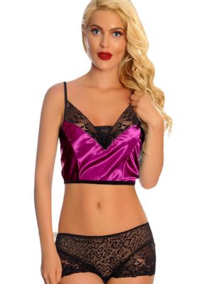 Mor Saten Dantelli Babydoll Şortlu Takım - 287 - Beden S/M