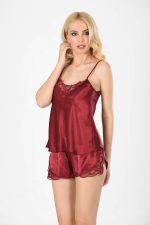 Bordo Saten Babydoll Şortlu Takım - 281 - Beden S/M - Görsel 2