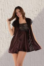 Kahverengi Kadife Sabahlık & Gecelik Takım 2' Li - 1429 - Beden L