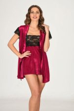 Fuşya Kadife Sabahlık & Gecelik Takım 2' Li - 1427 - Beden L