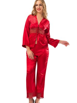 Kırmızı Saten Pijama Takımı - 1601 - Beden XL