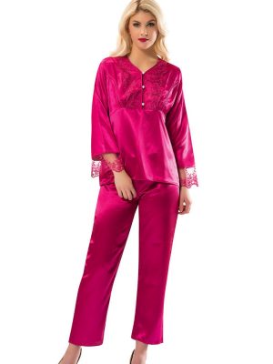 Fuşya Saten Pijama Takımı - 1595 - Beden S