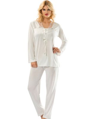 Ekru Penye Pijama Takımı - 1556 - Beden XL