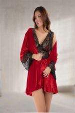Kırmızı Kadife Sabahlık & Gecelik Takım 2' Li - 1442 - Beden L
