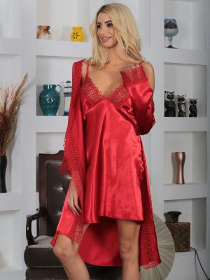 Kırmızı Saten Gecelik - 1703 - Beden S/M