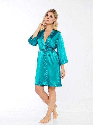 Zümrüt Yeşili İpek Saten Sabahlık - 14009 - Beden L