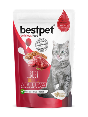Bestpet 85 gr X 24 ADET Yetişkin Kediler İçin, Tahılsız, Jöle İçinde Sığır Parça Etli Yaş Mama