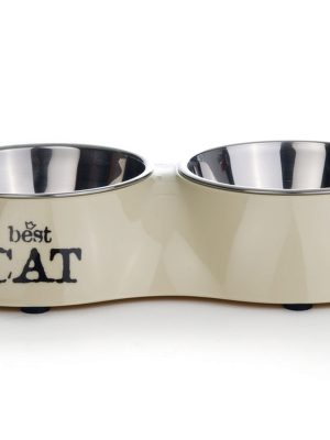 Beeztees Kedi İkili Mama ve Su Kabı, Paslanmaz Çelik, Bej, 26,5x15x4,5cm, 2x160ml