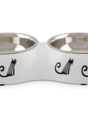 Beeztees Kedi İkili Mama ve Su Kabı, Paslanmaz Çelik, Beyaz, 27x14x4,5cm, 2x160ml