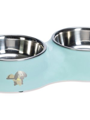 Beeztees Köpek İkili Mama ve Su Kabı, Paslanmaz Çelik, Turkuaz, 34x17,5cm, 2x350ml