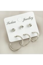 6 Adet Boru Taşlı Halka Küpe 1,5-2-2,5 cm-Gümüş Rengi - Görsel 2