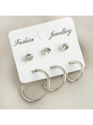 6 Adet Boru Taşlı Halka Küpe 1,5-2-2,5 cm-Gümüş Rengi