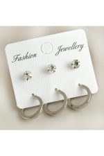 6 Adet Köşeli Taşlı Halka Küpe 1,5 cm-Gümüş Rengi - Görsel 2