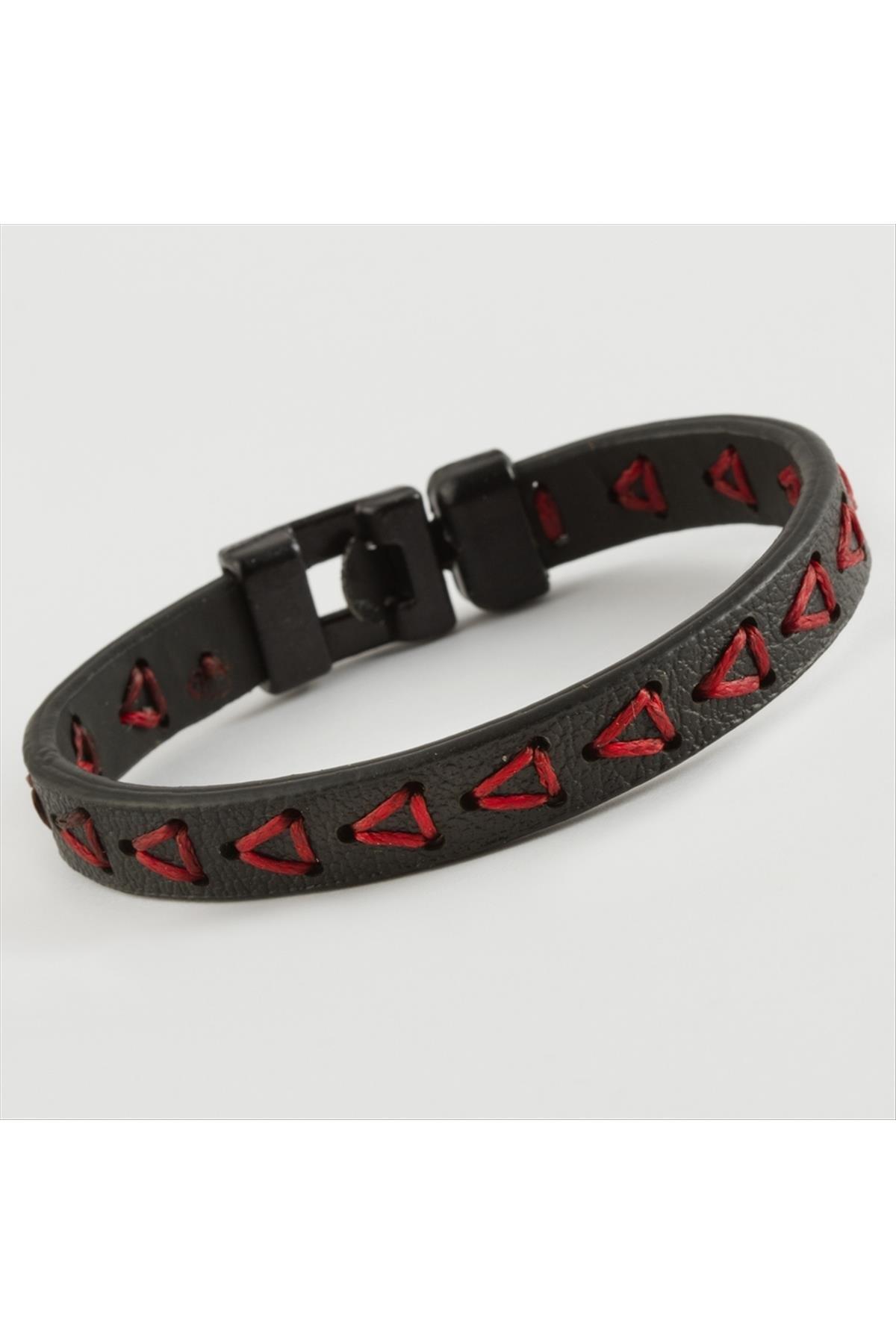 1200908_Ucgen-Kaliteli-Suni-Deri-Bileklik-5d29.jpg Üçgen Kaliteli Suni Deri Bileklik-Kırmızı - Görsel 1
