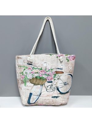 Bisiklet Desenli Plaj Çantası-Krem