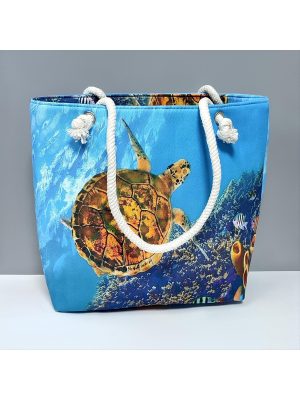 Kaplumbağa Desenli Plaj Çantası-Mavi