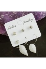 6 Adet Deniz Kabuğu Taşlı Halka Küpe 2 cm-Beyaz