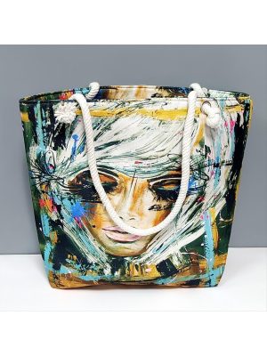 Bayan Yüz Desenli Plaj Çantası-Sarı