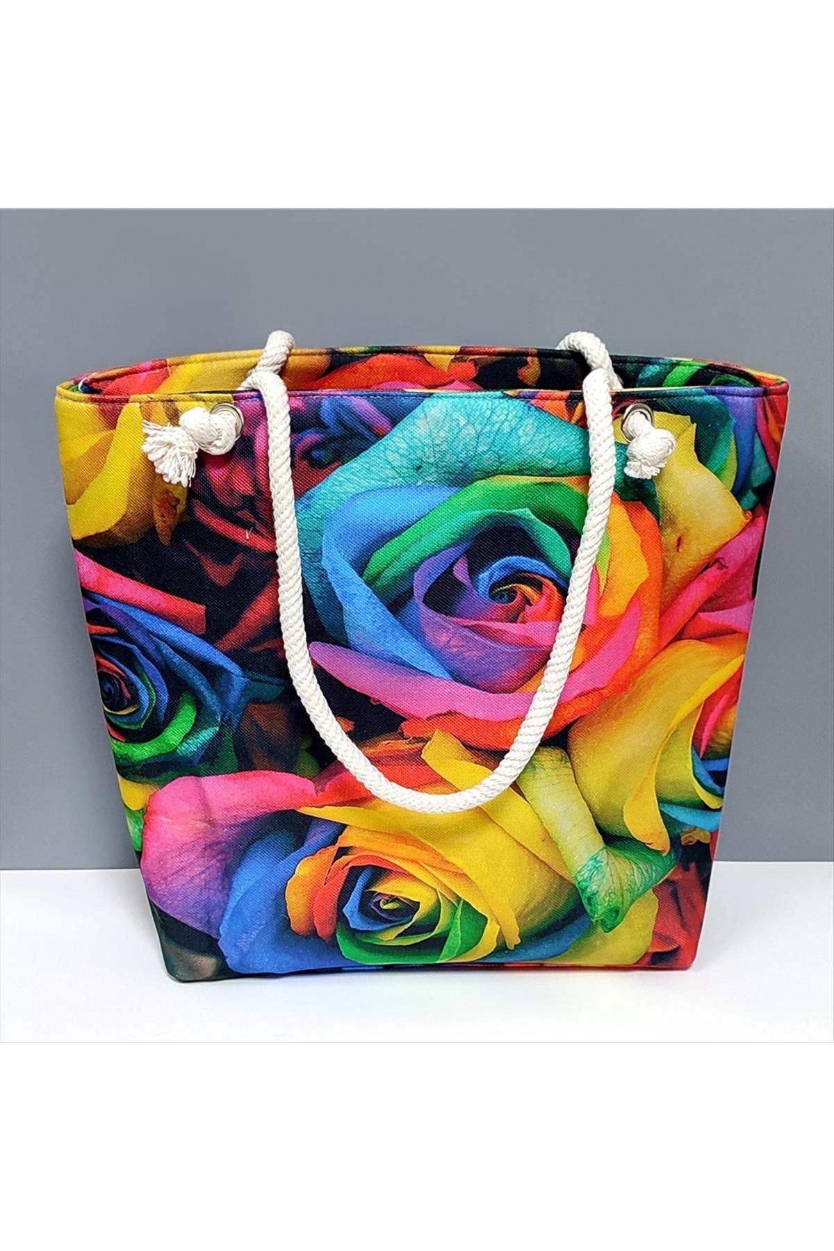 1200977_Gul-Desenli-Plaj-Cantasi-fba3.jpg Gül Desenli Plaj Çantası-Renkli - Görsel 4