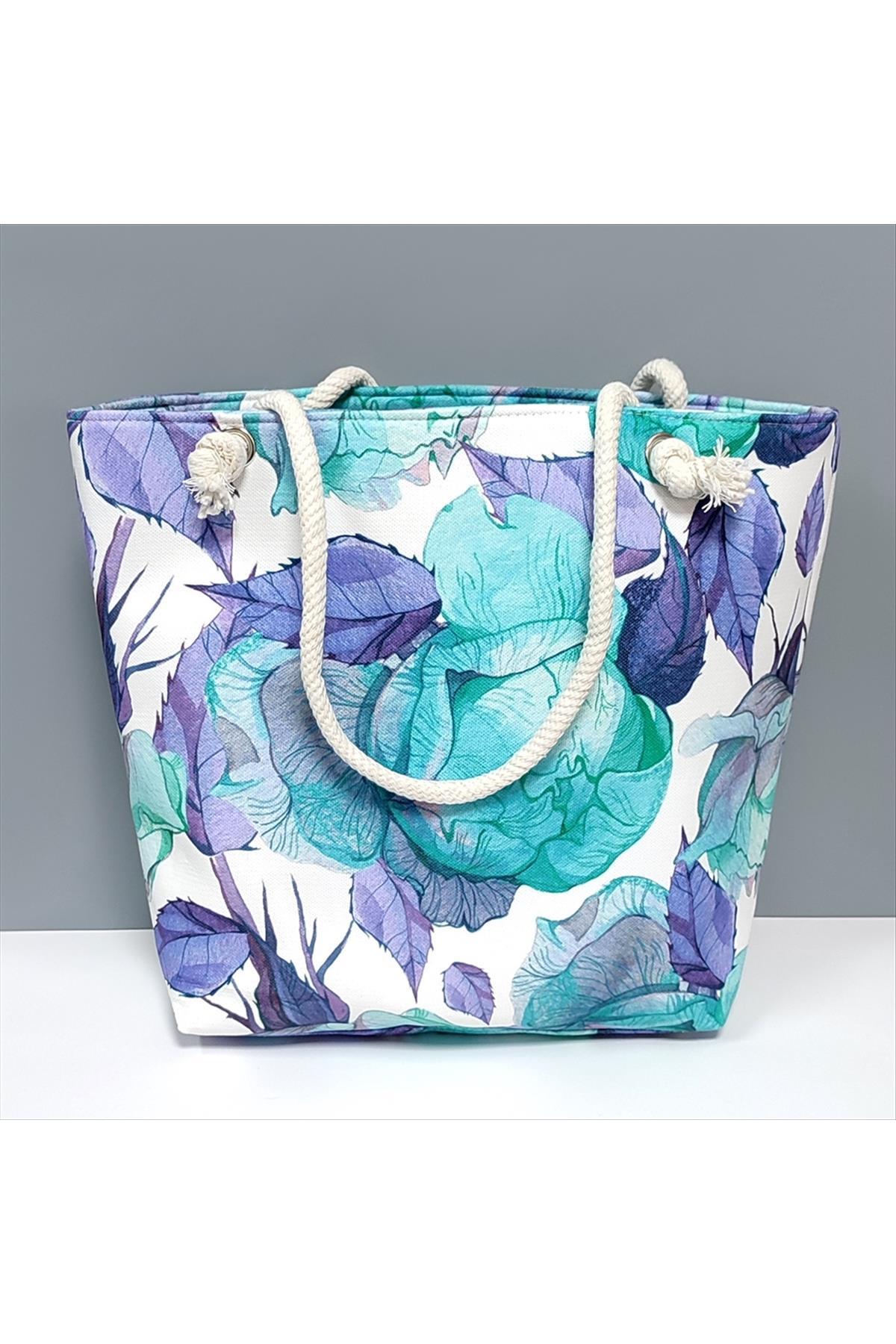 1200978_Yaprak-Desenli-Plaj-Cantasi-3030.jpg Yaprak Desenli Plaj Çantası-Su Yeşili - Görsel 1