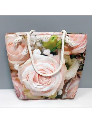 Gül Desenli Plaj Çantası-Açık Pembe
