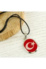 Ay Yıldız Metal Vinlex Deri Kolye-Kırmızı - Görsel 3