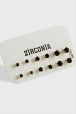 12 Adet Zirkon Tek Taşlı Küpe-Siyah