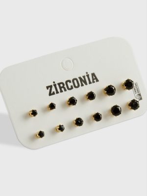 12 Adet Zirkon Tek Taşlı Küpe-Siyah