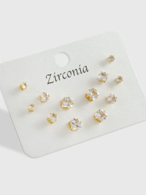 12 Adet Kare Zirkon Tek Taşlı Küpe-Sarı