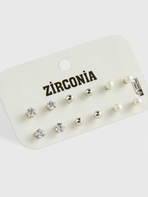 12 Adet İnci Zirkon Tek Taşlı Küpe-Gümüş Rengi