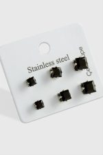 6 Adet Kare Zirkon Tek Taşlı Çelik Küpe-Siyah