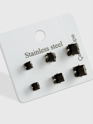 6 Adet Kare Zirkon Tek Taşlı Çelik Küpe-Siyah