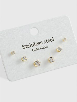 6 Adet Zirkon Tek Taşlı Çelik Küpe-Sarı