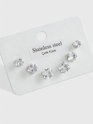 6 Adet Kare Zirkon Tek Taşlı Çelik Küpe  Büyük Kare -Gümüş Rengi