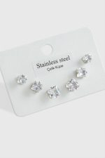 6 Adet Kare Zirkon Tek Taşlı Çelik Küpe  Büyük Kare -Gümüş Rengi - Görsel 2