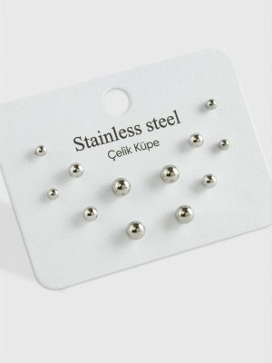 12 Adet Top Çelik Küpe-Gümüş Rengi