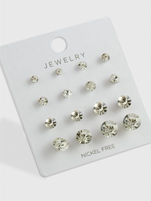 16 Adet Tek Taşlı Küpe-Gümüş Rengi