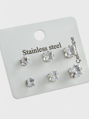 6 Adet Kare Zirkon Tek Taşlı Çelik Küpe-Gümüş Rengi