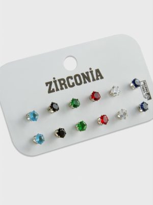 12 Adet Renkli Zirkon Tek Taşlı Küpe-Renkli