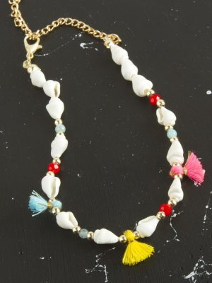 Deniz Kabuğu Püskül Boncuk Halhal-Beyaz