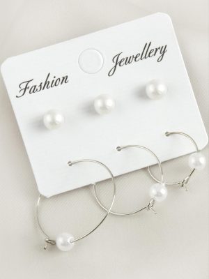 6 Adet İnci Halka Küpe 2,5 cm-Gümüş Rengi