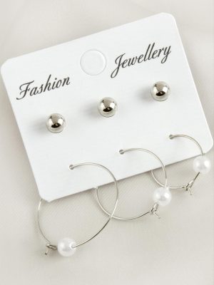 6 Adet İnci Halka Küpe 2,5 cm-Gümüş Rengi