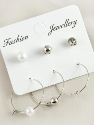 6 Adet İnci Halka Taşlı Küpe 2,5 cm-Gümüş Rengi